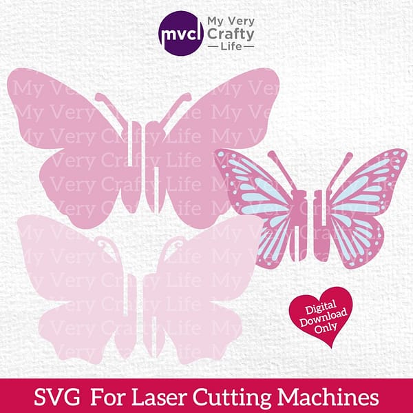 Photo Show "My Very Crafty Life" with logo in purple at the top of the page. Below is 3 different size butterflies in various shades of pink. In a bright pink heart it says Ditigal Download Only. At the base of photo there is a bright pink strip that says in white "SVG for Laser Cutting".